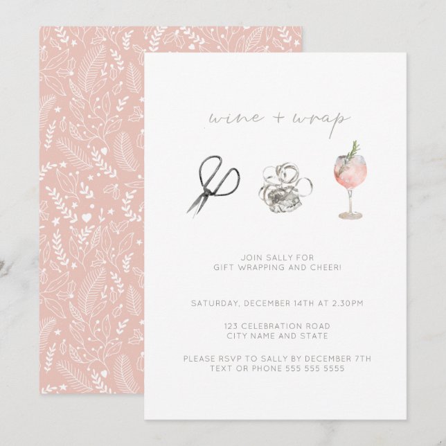 Convites Vinho de Aquarela Rosa Moldar Festa de Natal Feria (Frente/Verso)