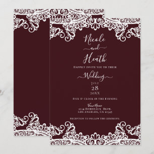 Convites Vinho de Bordeaux & Renda Branca Casamento Elegant