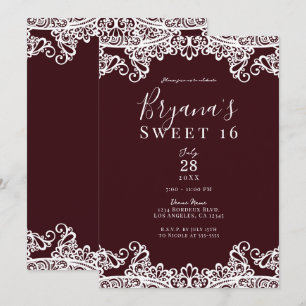 Convites Vinho de Bordeaux Renda Branca Elegante Festa Doce