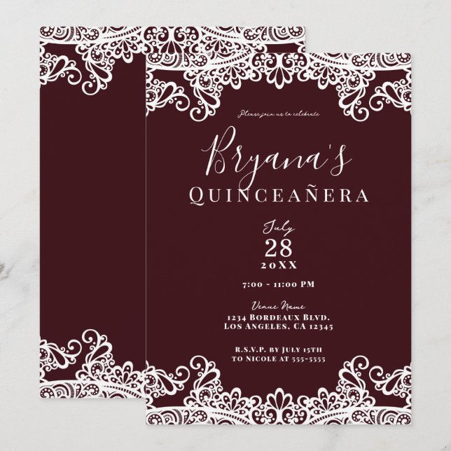 Convites Vinho de Bordeaux & Renda Branca Elegante Quinceañ (Frente/Verso)