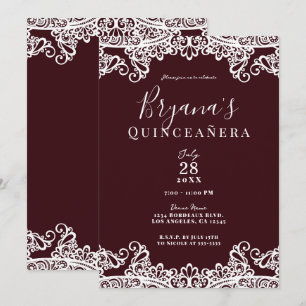 Convites Vinho de Bordéus & Renda Branca Elegante Quinceañe