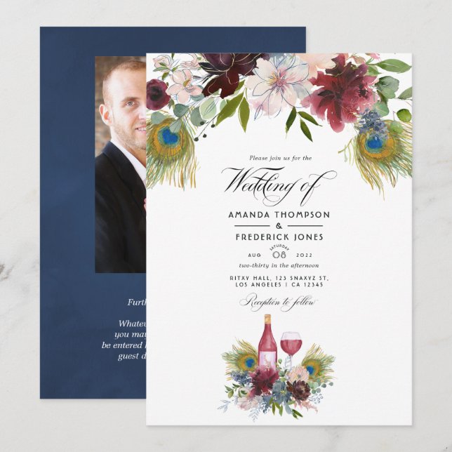Convites Vinho de Peacock, Borgonha e Marinho, Era Um Casam (Frente/Verso)
