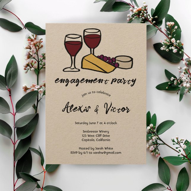 Convites Vinho e Festa de noivado de queijo Kraf PERSONALIZ (Wine & Cheese Tasting Engagement Party Kraft Rustic CUSTOM Invitation
)