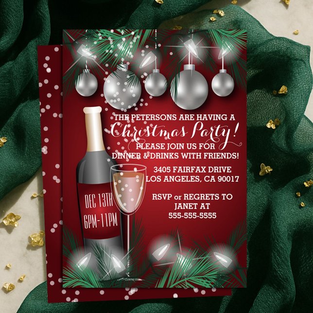 Convites Vinho e ornamentos Festa de Natal Vermelho (Wine and Ornaments Red Christmas Holiday Party Invitation)