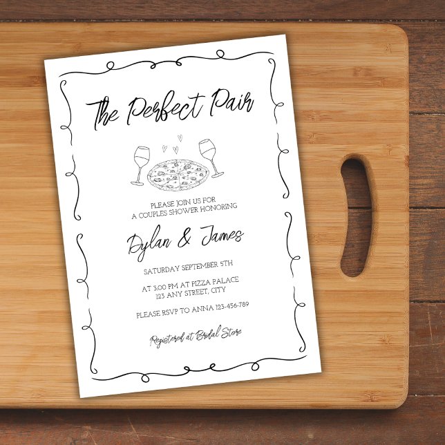 Convites Vinho e pizza Par Perfeito Casais Desenhados Mão (Wine & Pizza Perfect Pair Hand Drawn Couples Invitation)