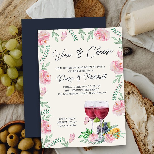 Convites Vinho Elegante e Festa de noivado de Queijo (Wine and Cheese Engagement Party Invitation - casual, elegant and pretty)