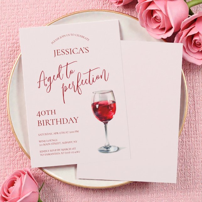 Convites Vinho Envelhecido à Perfeição Rosa Festa de Aniver (Aged to Perfection Wine Pink 40th Birthday Party Invitation)