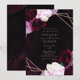 Convites Vinho Escuro Floral Temperamental Rosa Dourado Mod