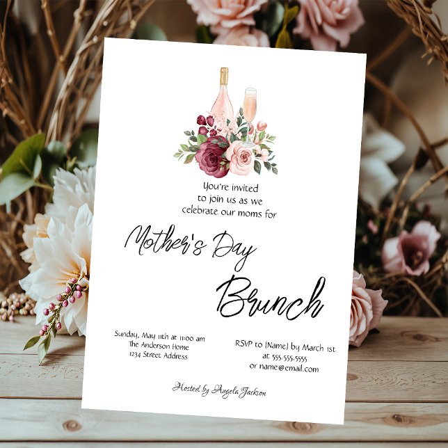 Convites Vinho Floral Borgonha Brunch do Dia das Mães (Criador carregado)
