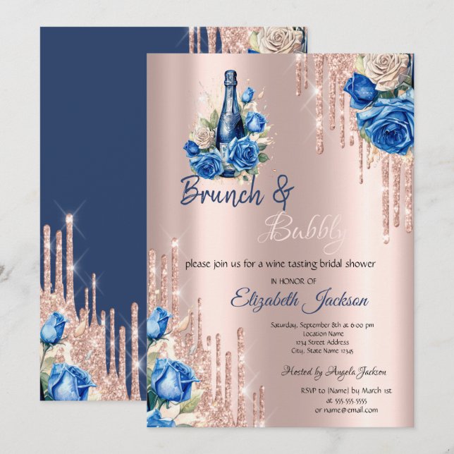 Convites Vinho Flores Azuis Gostas Brunch & Bubbly  (Frente/Verso)