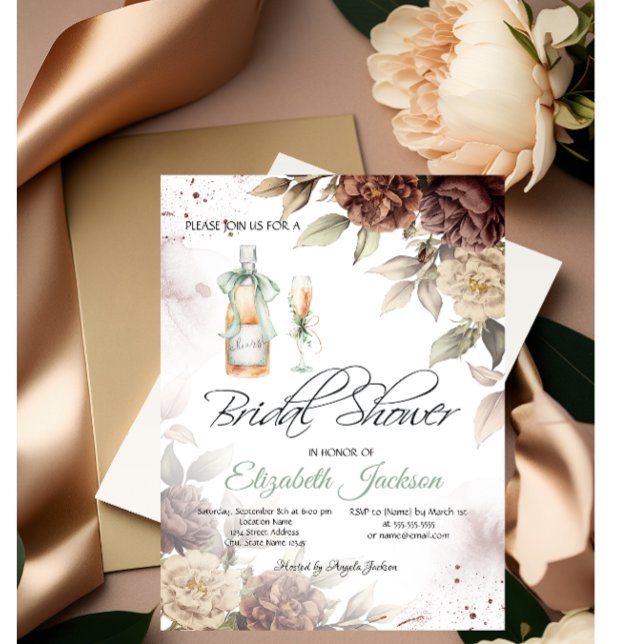Convites Vinho Garrafa Vidro Chic Flores Chá de Noiva (Criador carregado)