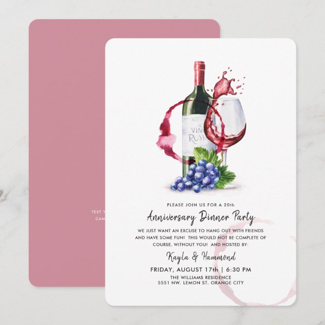 Convites Vinho & Jantar Ocasião Aniversário Estilo Tinto (Frente/Verso)