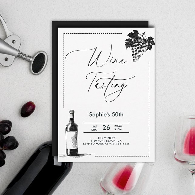 Convites Vinho Provando Vinho Simples moderno BW 50º Aniver (wine tasting party 50th birthday invitations for women winery trip modern minimalist elegant chic)