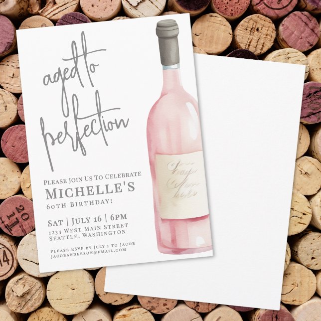 Convites Vinho Rosado Elegante Envelhecido à Perfeição Aniv (Wine Simple Sixty 60th Birthday Party Invitation)
