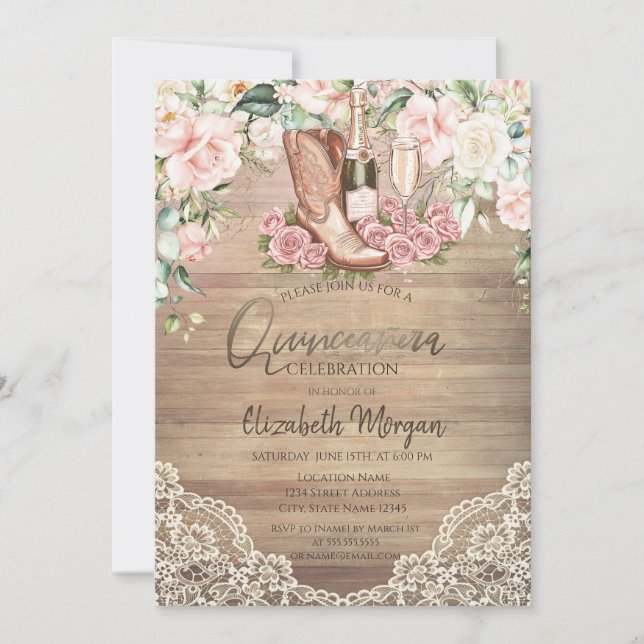 Convites Vinho Rosas Botas Renda Quinceanera (Frente)