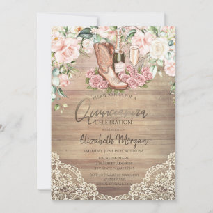 Convites Vinho Rosas Botas Renda Quinceanera