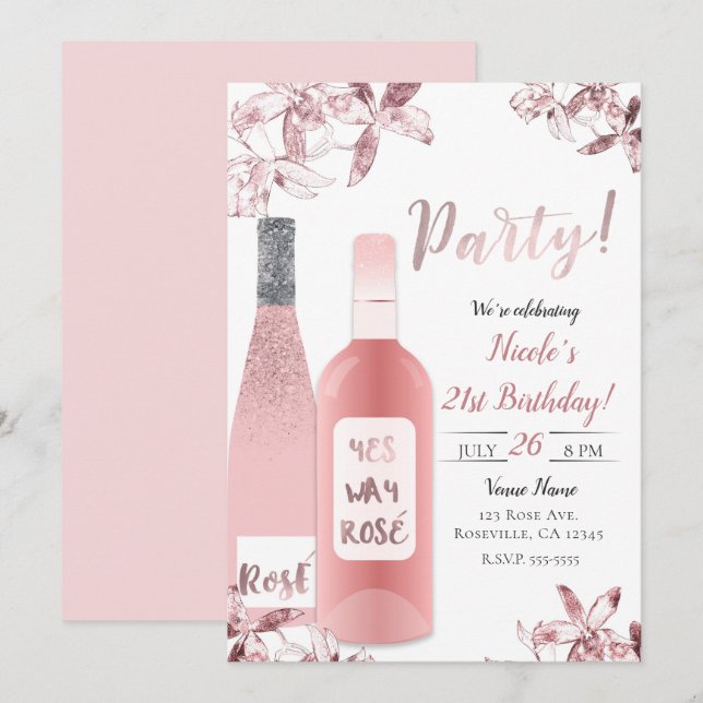 Convites Vinho Rosè Cor-de-Rosa e Orquídeas Celebração de F (Frente/Verso)