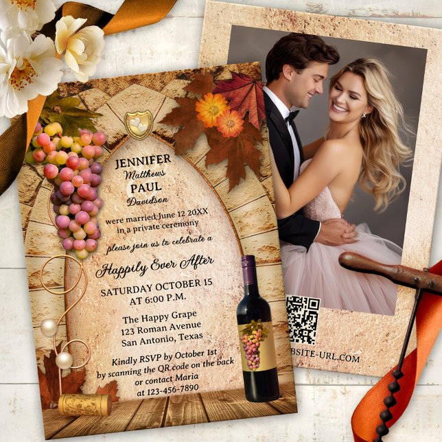 Convites Vinho Russo Italiano Feliz Para Sempre Após O Casa (Happily Ever After wedding invitation featuring an Italian rustic vineyard or wine theme with grapes)