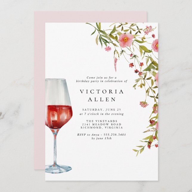 Convites vinho tinto | Aniversário da Mulher Floral Rosa El (Frente/Verso)