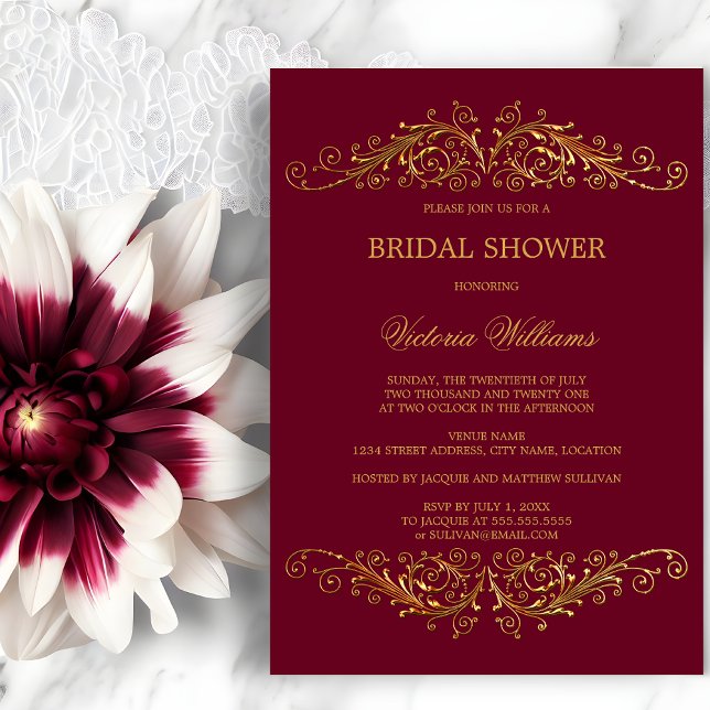 Convites Vinho Tinto Burgundy Redemoinhos de Ouro Elegantes (Elegant gold swirls invitation front view.  Gold and burgundy bridal shower invitation.)