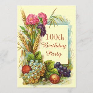 Convites Vintage 100º aniversário Frutas e flores colorid