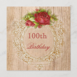 Convites Vintage 100th Birthday Rosa vermelha Wooden Frame
