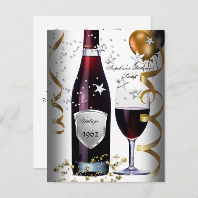 Convites Vintage 50º Aniversário Vinho Negro Balões Dourado (Frente/Verso)