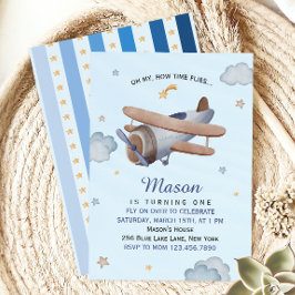 Convites Vintage Airplane Blue Sky First Birthday