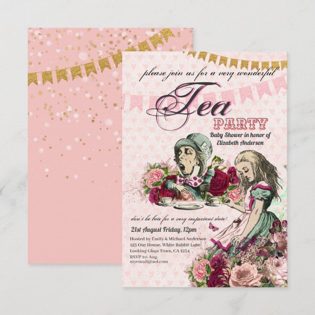 Convites Vintage Alice no Partido do Tea em Wonderland (Frente/Verso)