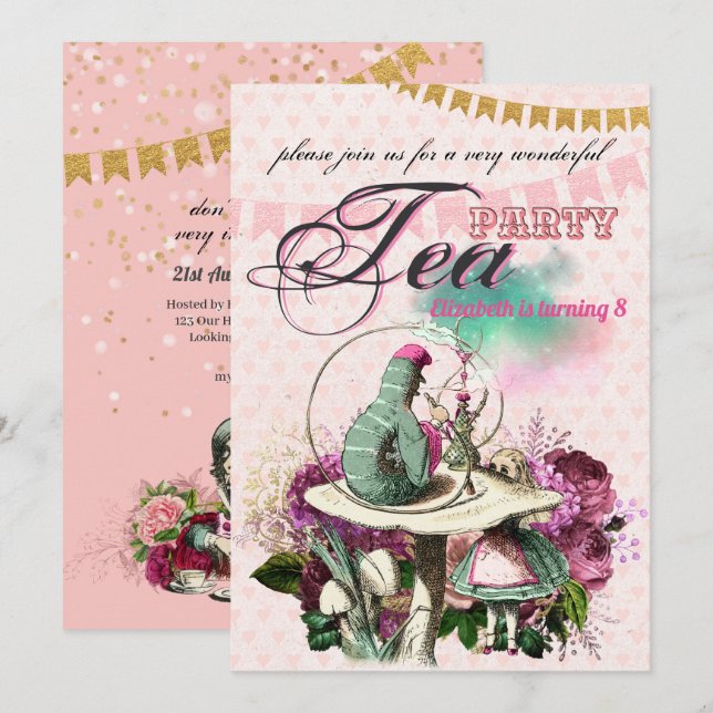 Convites Vintage Alice no Partido do Tea em Wonderland (Frente/Verso)