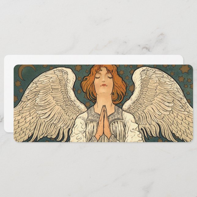 Convites Vintage, Anjo Religioso, Rezando com Estrelas Dour (Frente/Verso)