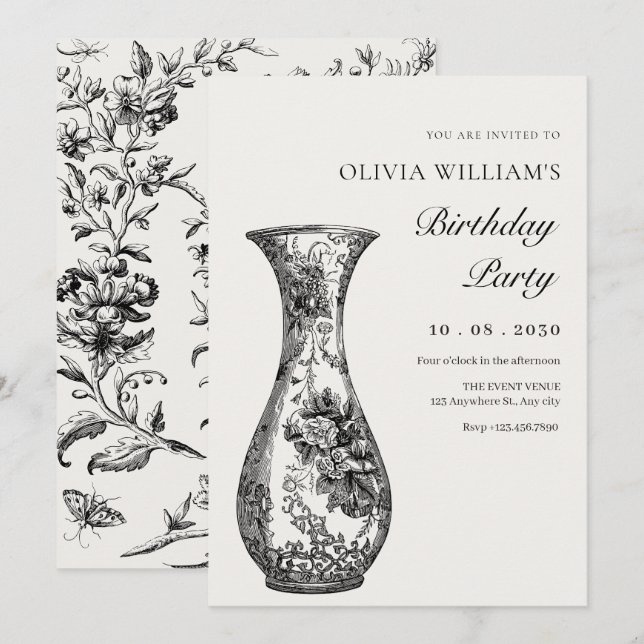 Convites Vintage Antique Vase aniversário (Frente/Verso)