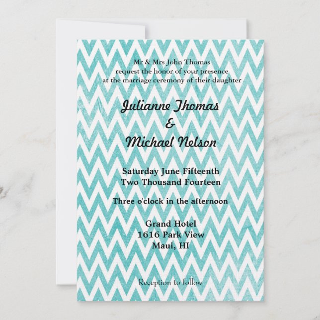 Convites Vintage Aqua Chevron Stripes Wedes (Frente)