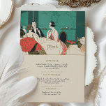 Convites Vintage Art Deco Wedding Menu Card Cena Jantada<br><div class="desc">Defina um tom sofisticado para o seu janto de casamento com este cartão de cardápio baseado em Art Deco. A frente mostra uma cena de janto na moda do 1920, com convidados elegantemente vestidos em uma mesa formal, enquadrados por iluminação suave e uma paleta colorida rica e moedora de chá,...</div>