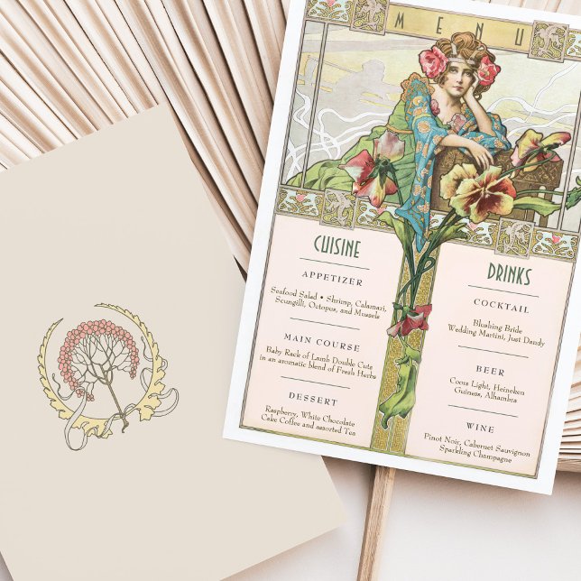Convites Vintage Art Nouveau Casamento Menu & Bebidas Card (Criador carregado)