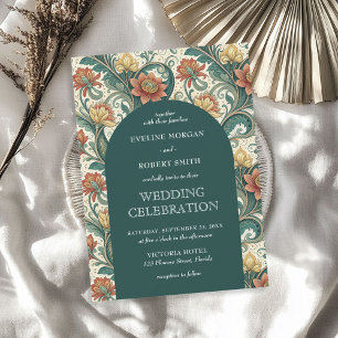 Convites Vintage Art Nouveau - casamento verde-escuro