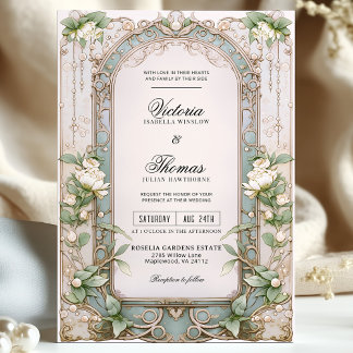 Convites Vintage Art Nouveau White Floral Casamento