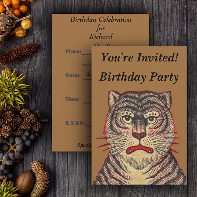 Convites Vintage Asian Tiger Birthday (Head of Asian striped tiger fierce face on brown Birthday party invitations.)