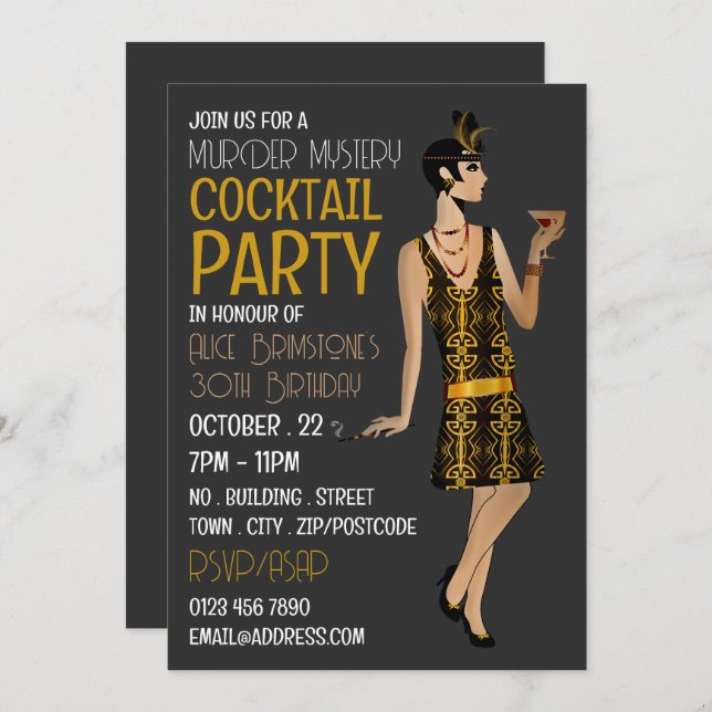 Convites Vintage Assassino Mistério do Cocktail Party, Aniv (Frente/Verso)