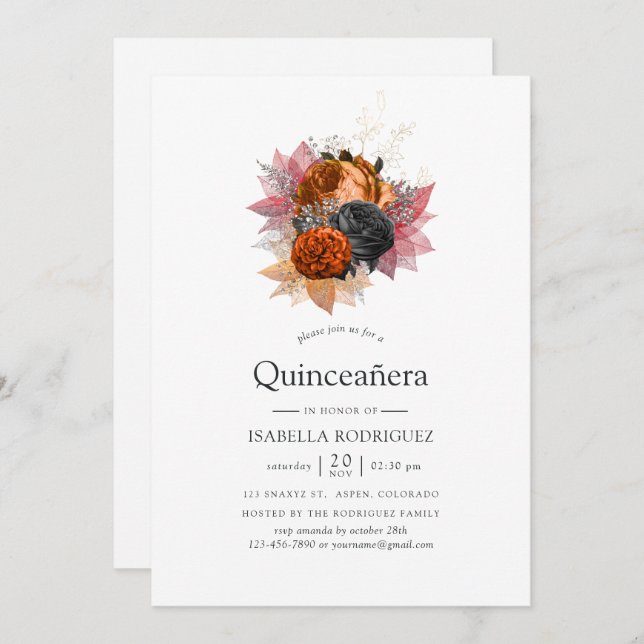 Convites Vintage Autumn Floral Quinceañera (Frente/Verso)