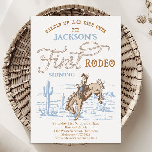 Convites Vintage Azul Cowboy Primeiro Rodeio Aniversário de