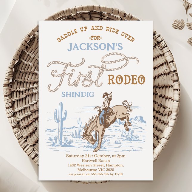 Convites Vintage Azul Cowboy Primeiro Rodeio Aniversário de (Boys FIRST RODEO Birthday Invitation Template, Printable Cowboy 1st Birthday Invite, Western Themed)