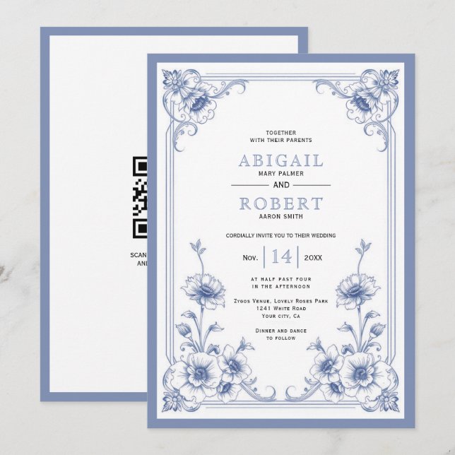 Convites Vintage azul quadro floral QR código casamento (Frente/Verso)