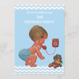 Convites Vintage Baby Boy no primeiro aniversario Phone Che