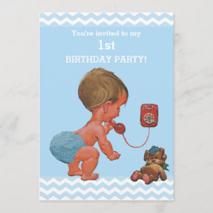 Convites Vintage Baby Boy no primeiro aniversario Phone Che