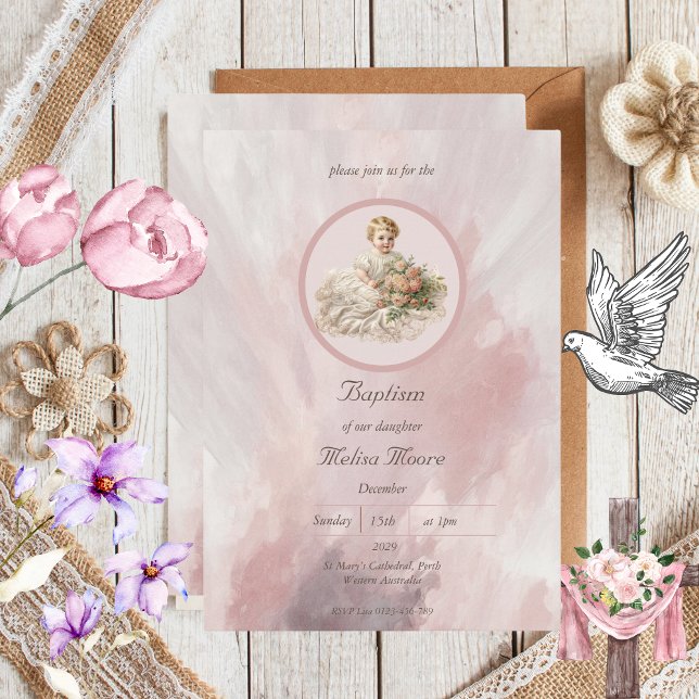 Convites Vintage Baby Girl Baptism (Criador carregado)