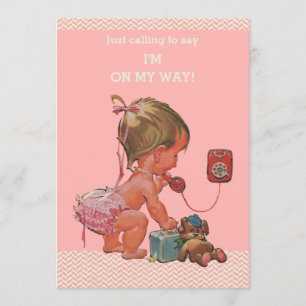 Convites Vintage Baby on Phone Pink Chevrons Chá de fraldas