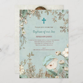 Convites Vintage Baptism Foto Do Urso Cónico Deixa Menino