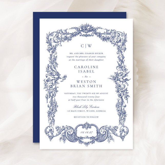 Convites Vintage Barroco Barroco Blue Frame Casamento (Criador carregado)