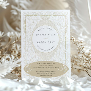Convites Vintage Barroco Beige Ornamentado de Casamento Flo